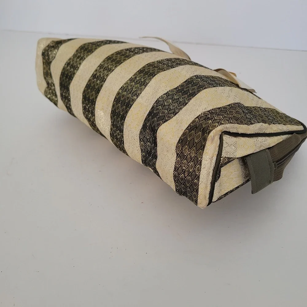 Christian Dior Vintage Cosmetic Bag Striped Brocade Gold Green Bow Logo‎ Pouch